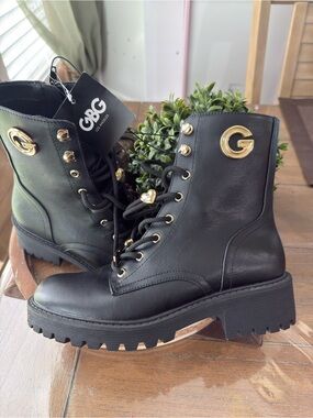 GBG Los Angeles Black Lace-Up Combat Boots with Gold G Accent